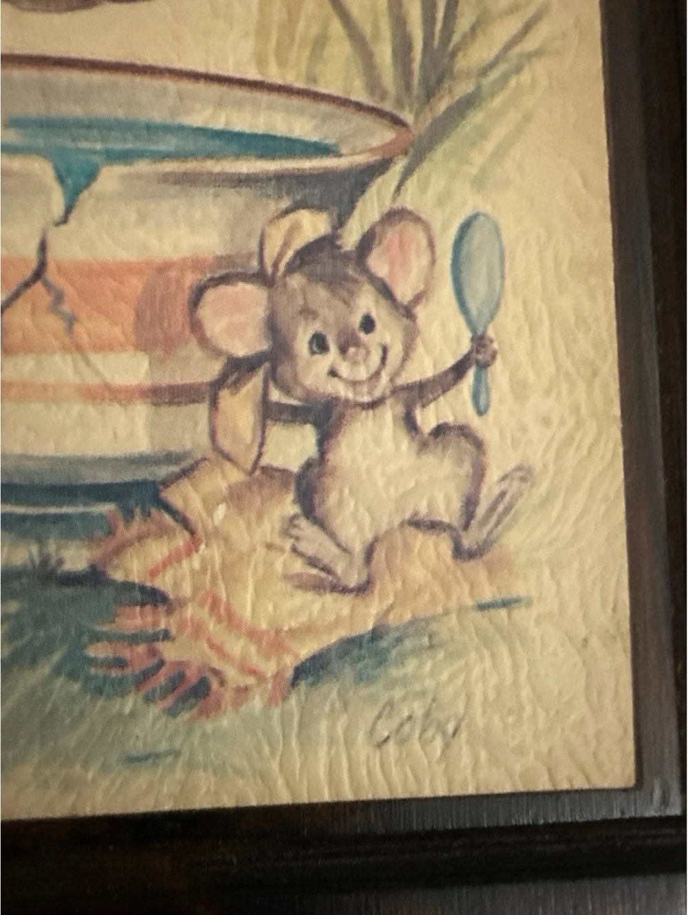 Vintage Pair of Coby Wooden Plaques with Mouse Illustrations